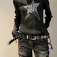 Black Y2K Slim Rib Long Sleeve Knit Top with Star Pattern