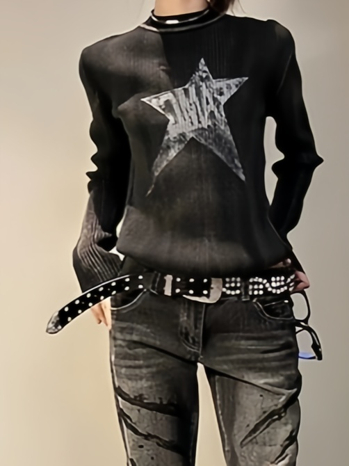 Black Y2K Slim Rib Long Sleeve Knit Top with Star Pattern