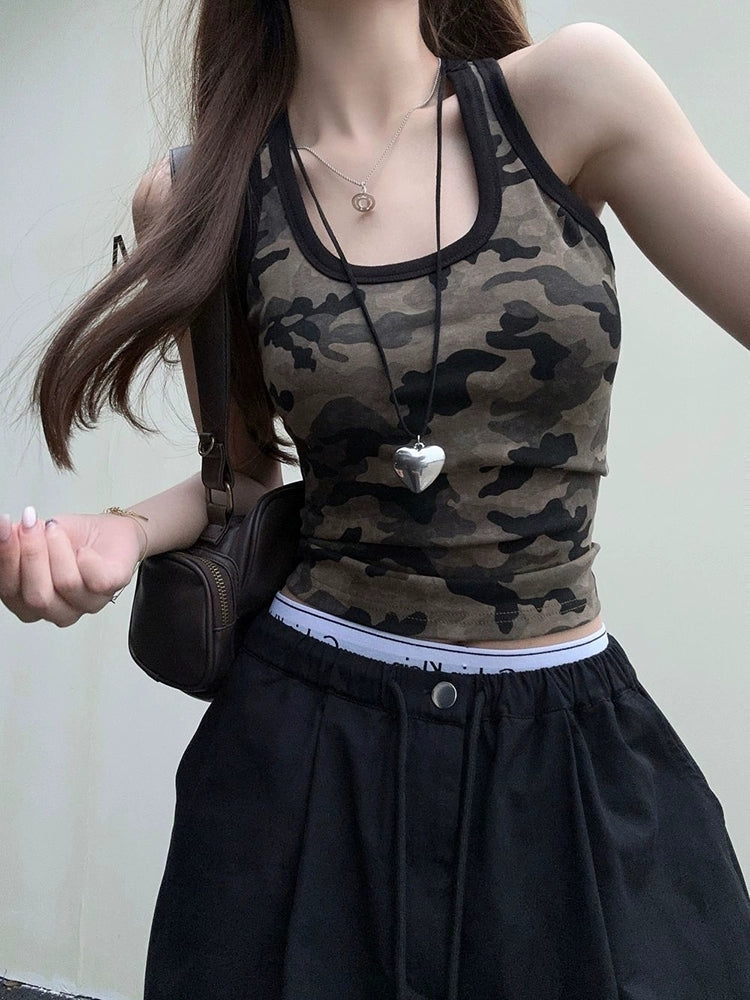 Vintage Camo Scoop Neck Crop Tank Top