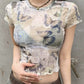 Y2K Butterfly Printed Mesh Crop Top with Rolled Hem