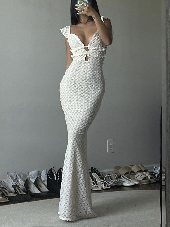 White Deep V Hollow Backless Maxi Dress