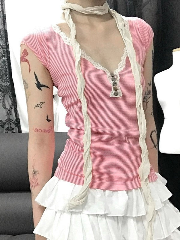 Pink Y2K Striped Lace Trim Button Up Top