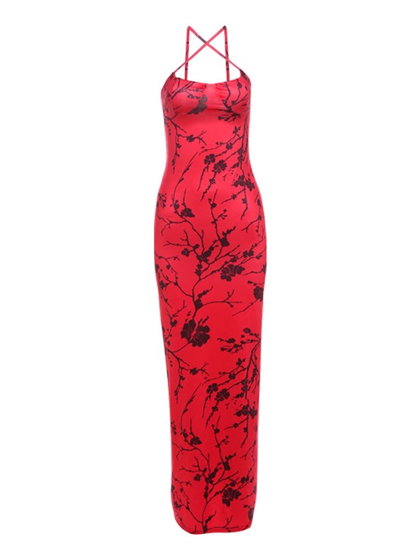 Red Print Halter Maxi Dress