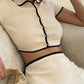 Contrast Vintage Lapel Collar Cardigan Lapel Top &amp; Mini Skirt Set