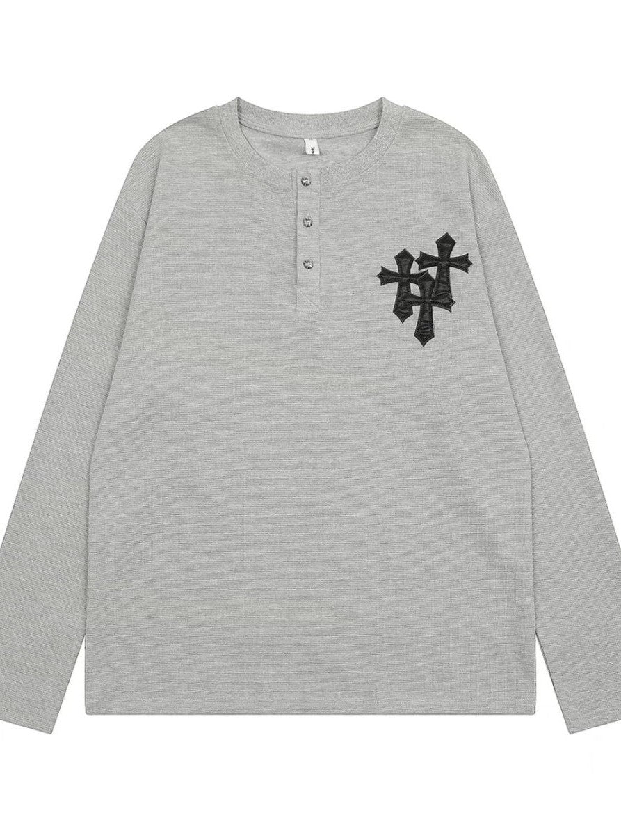 Hip Hop Cross Print Button Front Long Sleeve Top