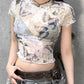 Y2K Butterfly Printed Mesh Crop Top with Rolled Hem