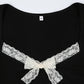 Black Lace Decorated V Neck Bow Long Sleeve Top