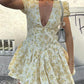 Yellow French Floral Deep V Neck Puff Sleeve Mini Dress