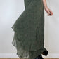 Green vintage asymmetrical midi skirt with floral pattern and ruffles