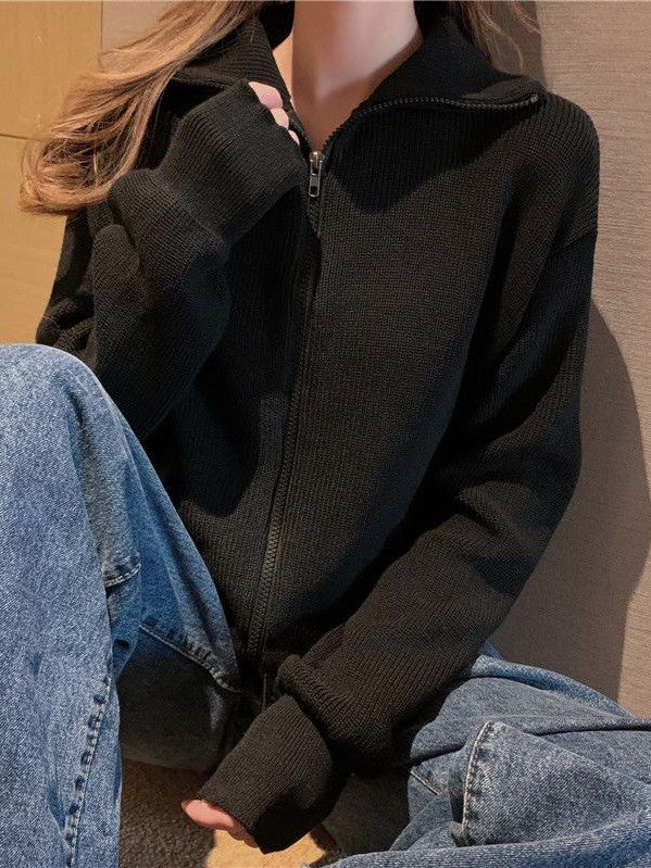 Solid Color Vintage Zipper Lapel Collar Long Sleeve Knitted Sweater