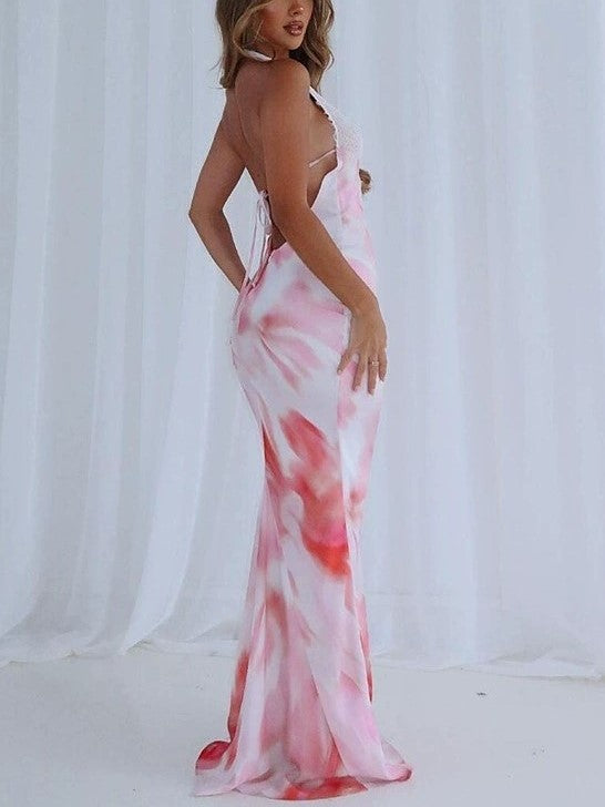 JY Sexy Printed Lace Patchwork Backless Maxi Dress / Sexy Printed Lace Backless Maxi Dress