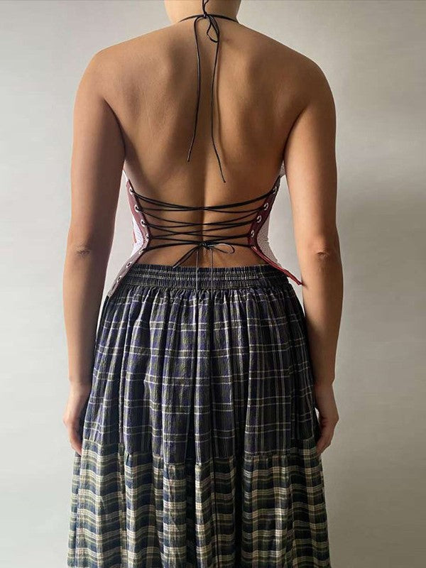 Y2k Digital Print Backless Lace Up Cami Top