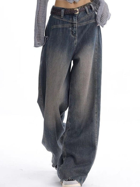 Vintage faded baggy boyfriend jeans with grosgrain detail