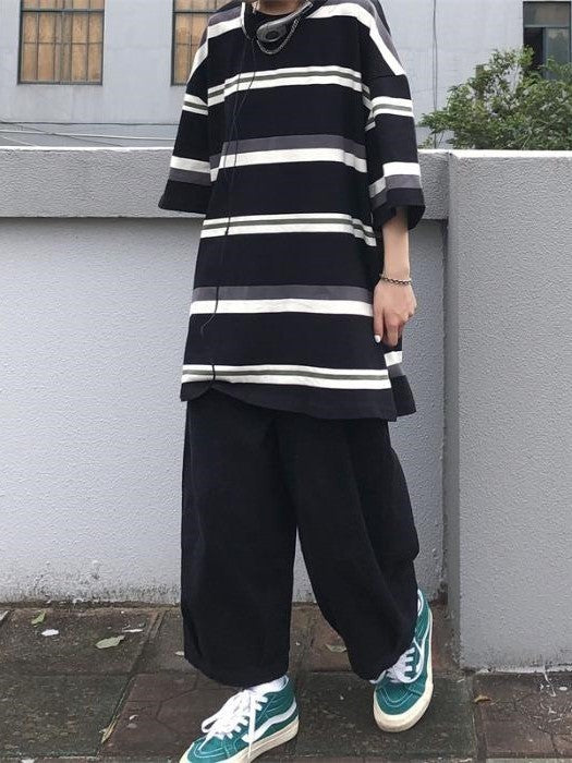 Unisex Contrast Color Hip Hop Oversized Stripe Short Sleeve Top