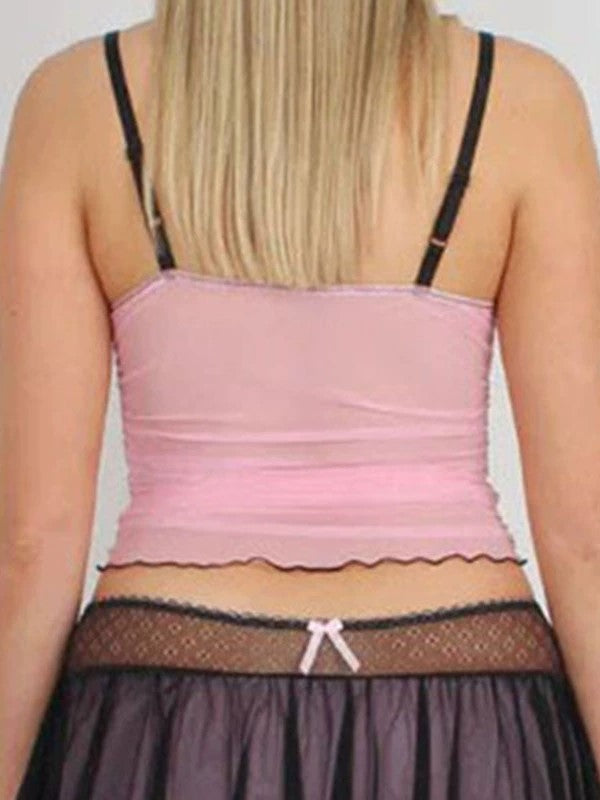 Pink Vintage Lace Up Bow Mesh Cami Top 