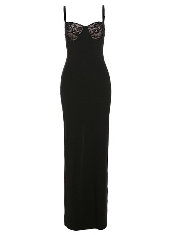 JY Black Sexy Lace Splicing Slim Cami Maxi Dress / Black Sexy Lace Slim Cami Maxi Dress