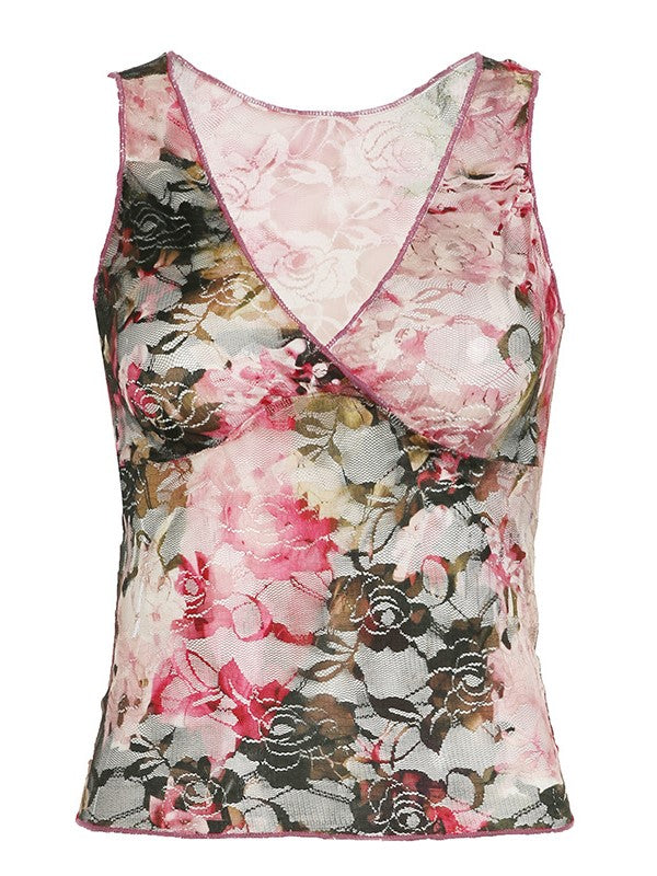 Vintage Floral Print Lace V-Neck Tank Top