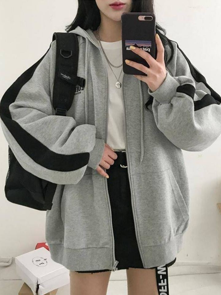 Gray Retro Oversized Zipper Hoodie