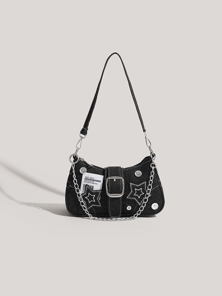 Black denim Y2K shoulder bag with star sticker