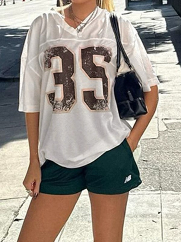 White Retro Oversized Letter Print Short Sleeve Top