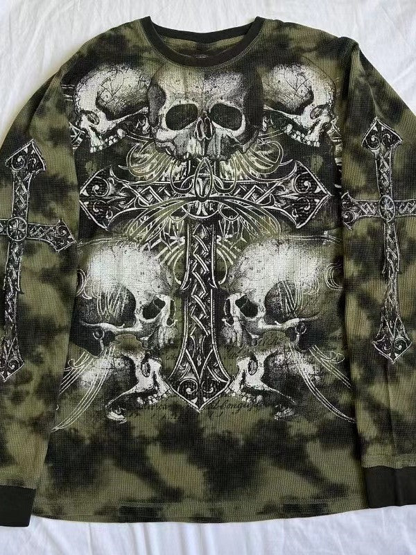 Punk oversize long-sleeved shirt with skull cross print