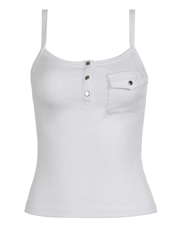 White vintage button front tank top with pocket