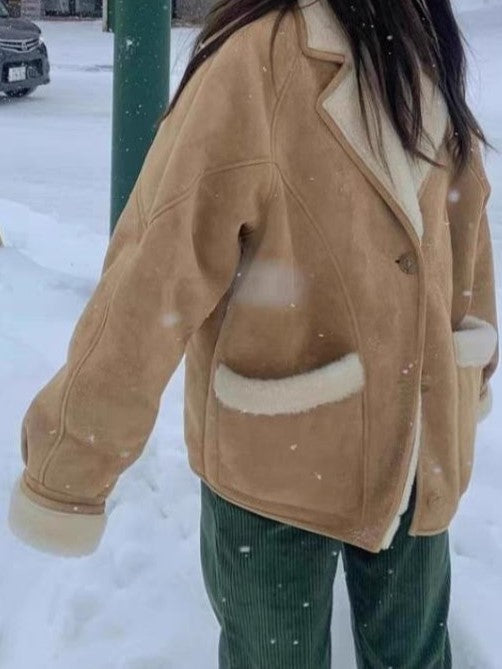 Vintage brown oversize jacket with lapel collar made of imitation lambskin