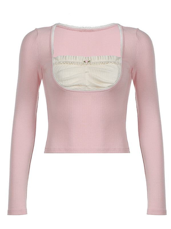 JY Sweet Ruffles Pearl Patchwork False Two Piece Knit Top Sweet Ruffles Pearl Patchwork Two Piece Knit Top