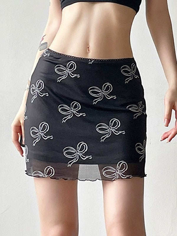 Black Y2K bow pattern mesh mini skirt