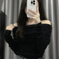 Black Vintage Off Shoulder Ruffle Long Sleeve Top