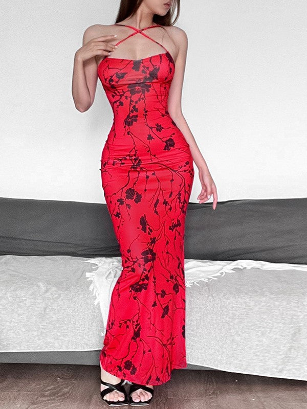 Red Print Halter Maxi Dress