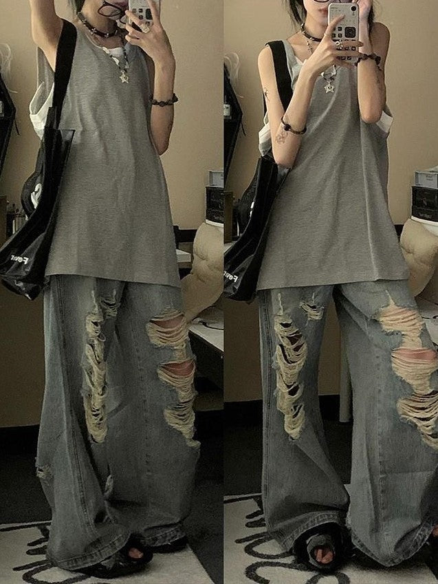 Gray Vintage American Style Sleeveless Tank Top