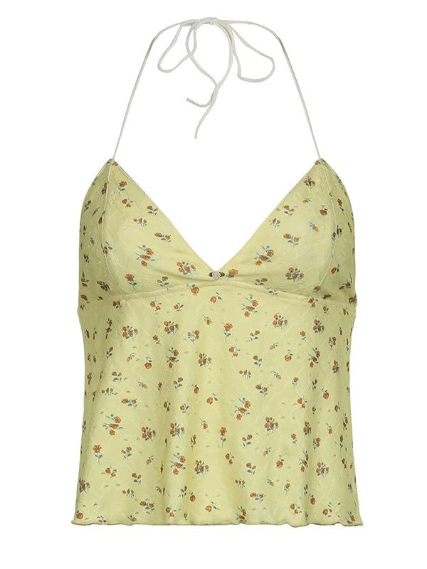 Yellow Y2K Print Cut Out Back Lace Up Cami Top