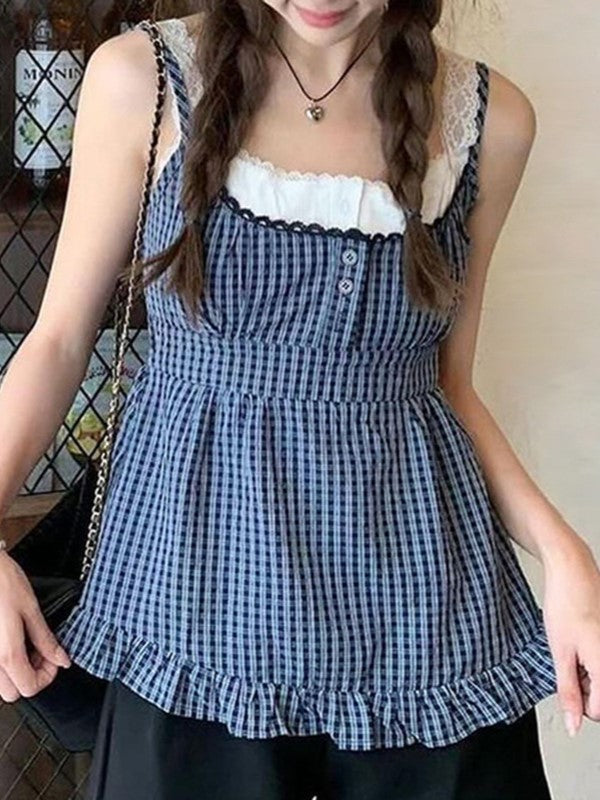 JY Vintage Plaid Lace Splicing Fake Two Piece Cami Top / Vintage Plaid Lace Trim Two Piece Look Top