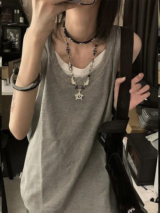 JY Gray Vintage American Style Sleeveless Tank Top / Gray Vintage American Style Sleeveless Tank Top