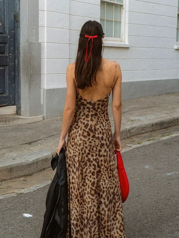 Vintage Leopard Print V Neck Backless Maxi Dress