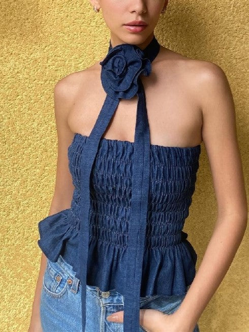 Vintage Denim Floral Embellished Pleated Bandeau Top