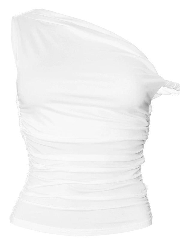 White One Side Ruched Asymmetric Slim Tank Top