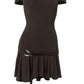 Brown strapless ruffle design mini dress with strap design