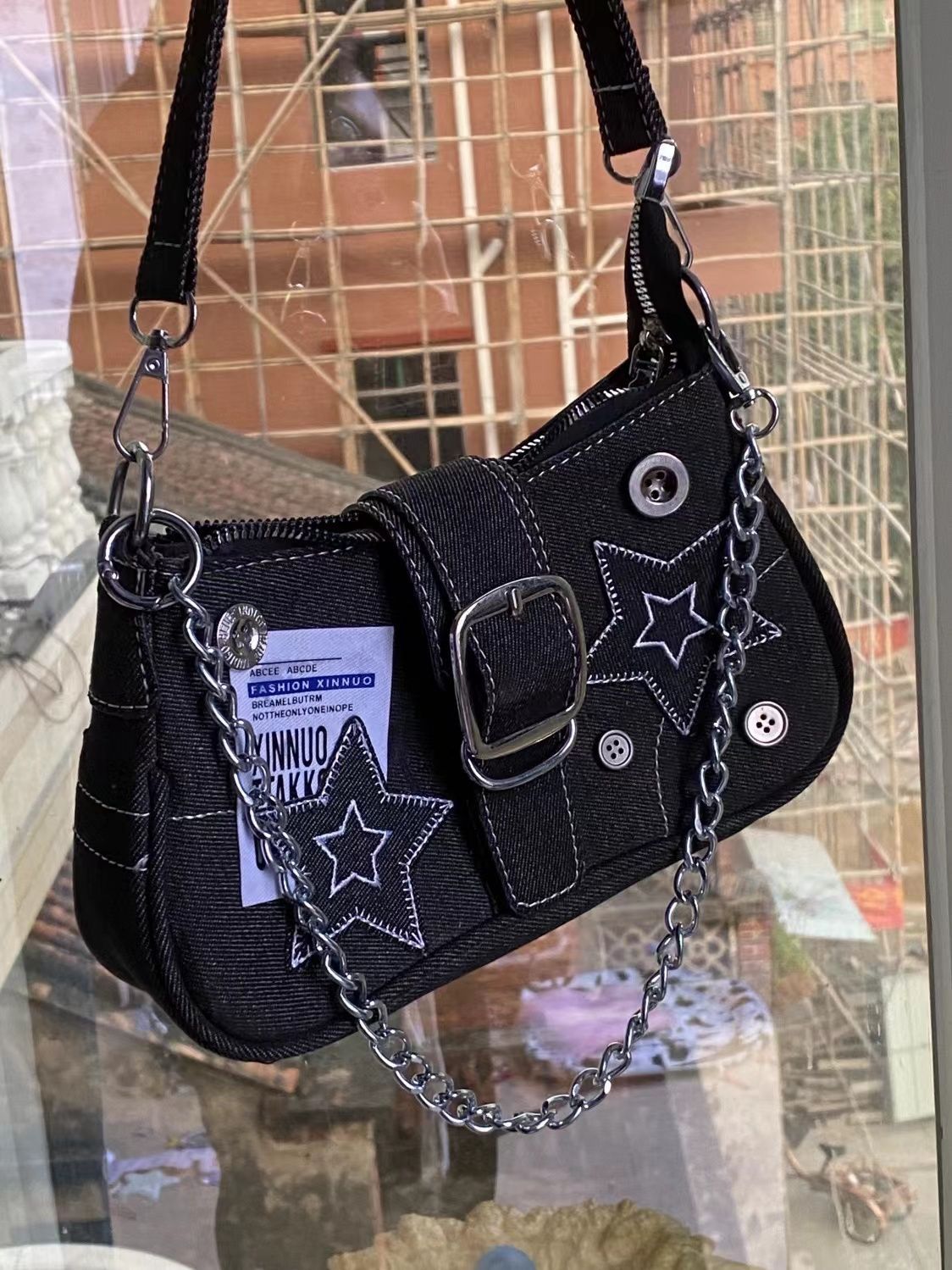 Black denim Y2K shoulder bag with star sticker