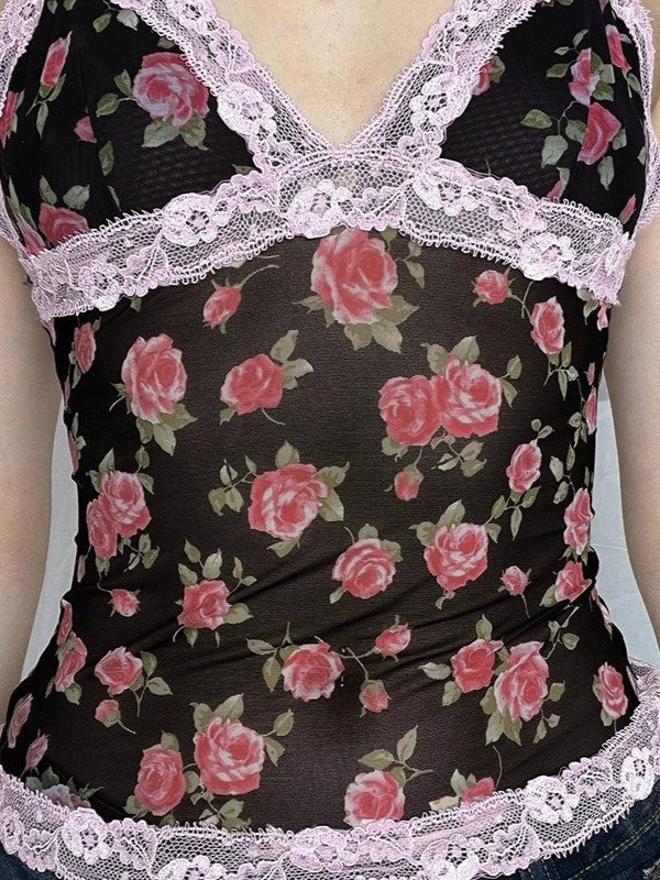 French Rose Pattern Lace Patchwork Cami Top