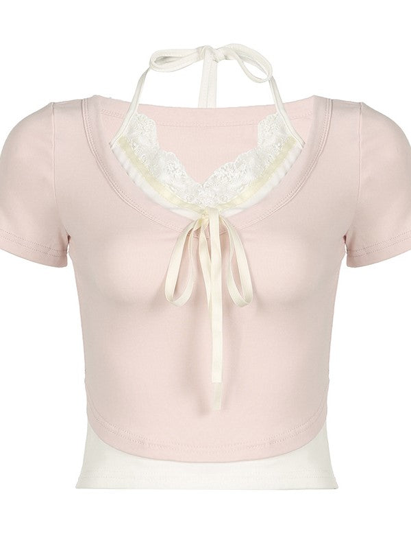 Lace trim short sleeve crop top in two-piece look