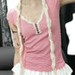 Pink Y2K Striped Lace Trim Button Up Top