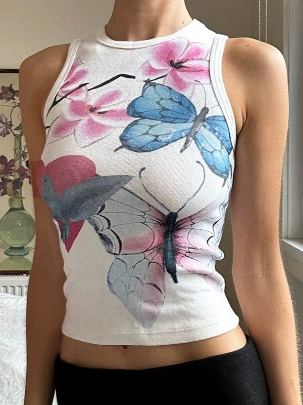 Vintage Floral &amp; Butterfly Pattern Slim Fit Tank Top