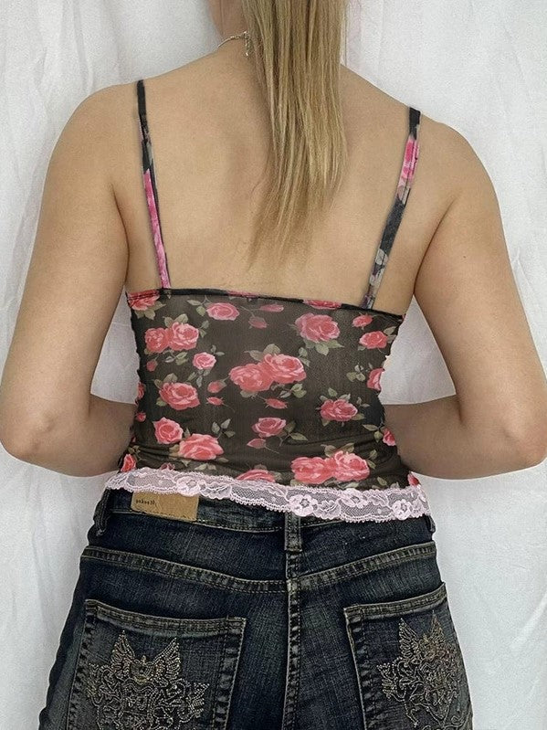 French Rose Pattern Lace Patchwork Cami Top