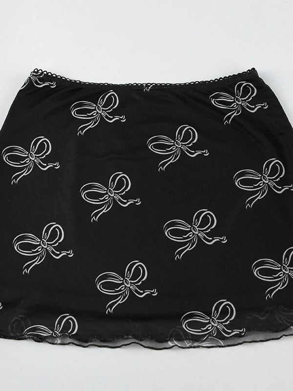 Black Y2K bow pattern mesh mini skirt