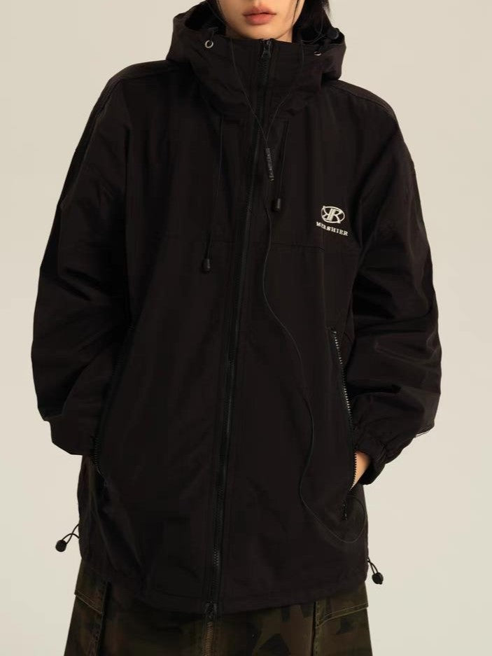 Retro Black Waterproof Oversize Outdoor Jacket with Hood