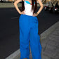 Blue Retro High Waist Wide Leg Cargo Pants