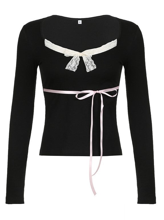 Black Lace Decorated V Neck Bow Long Sleeve Top