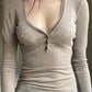 Vintage khaki V-neck long sleeve knit top